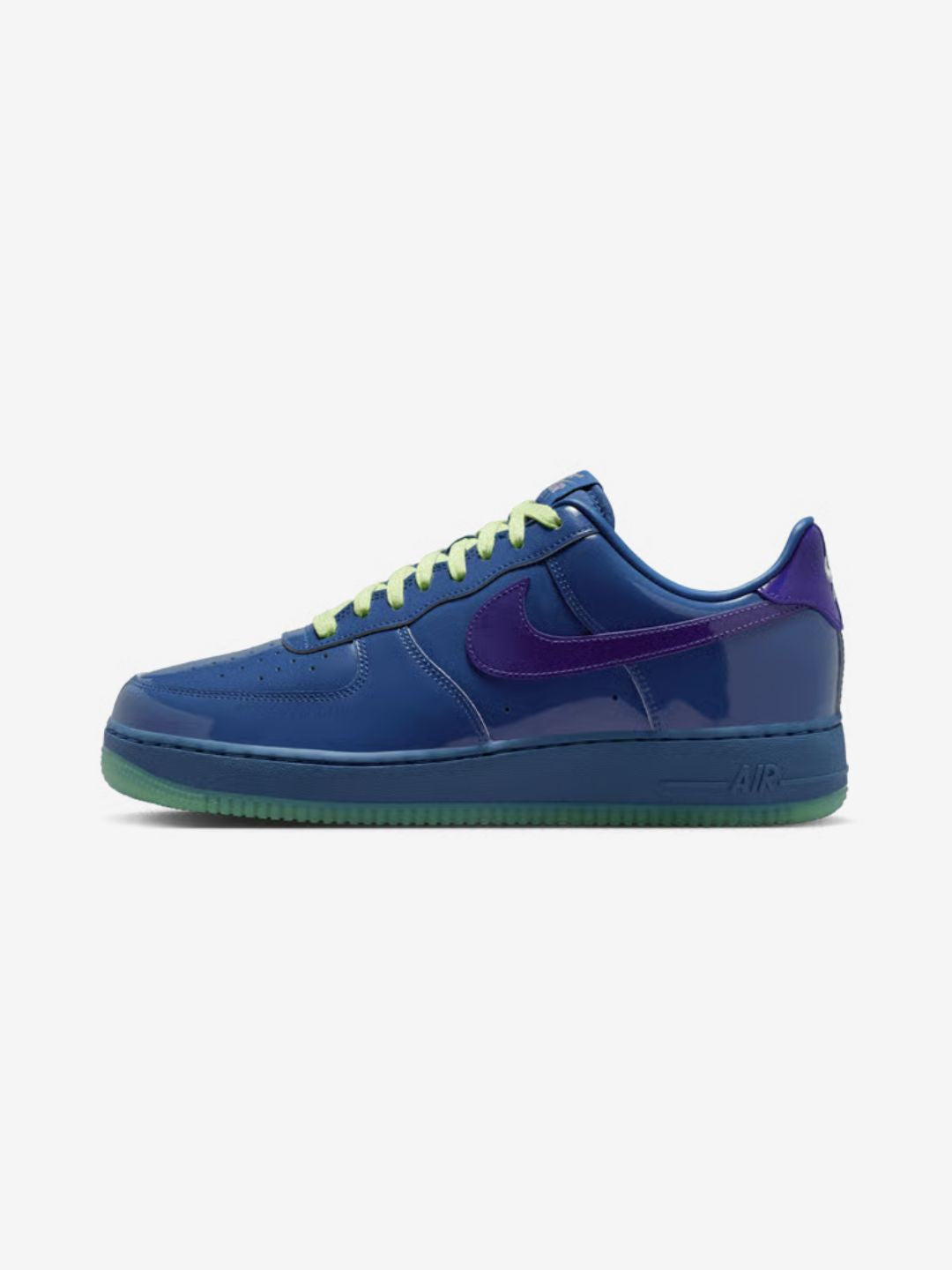 Nike Air Force 1 Low Patent Leather Mystic Navy Grape Ice sneakers basse uomo e donna pelle blu, vista laterale