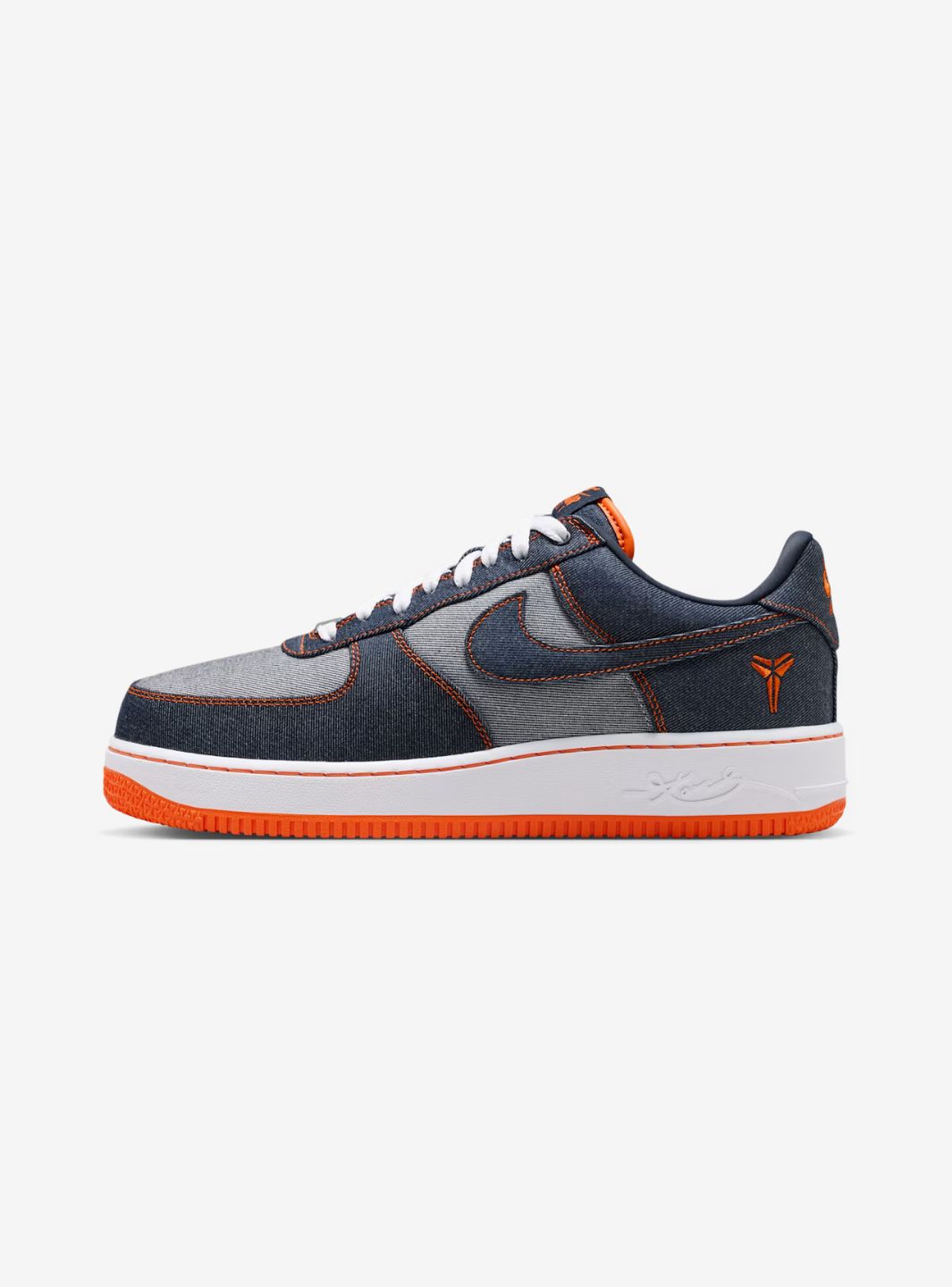 Nike Air Force 1 Low Kobe Bryant Denim Obsidian Safety Orange sneakers basse uomo e donna pelle blu arancione, vista laterale