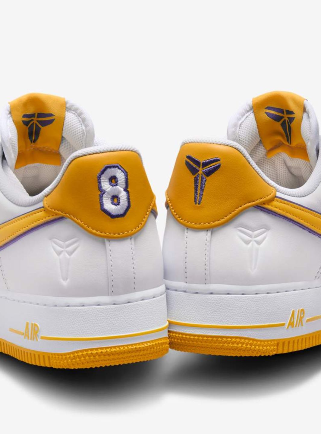 Nike Air Force 1 Low Kobe Bryant Lakers Home sneakers basse uomo e donna pelle giallo viola, dettaglio tallone