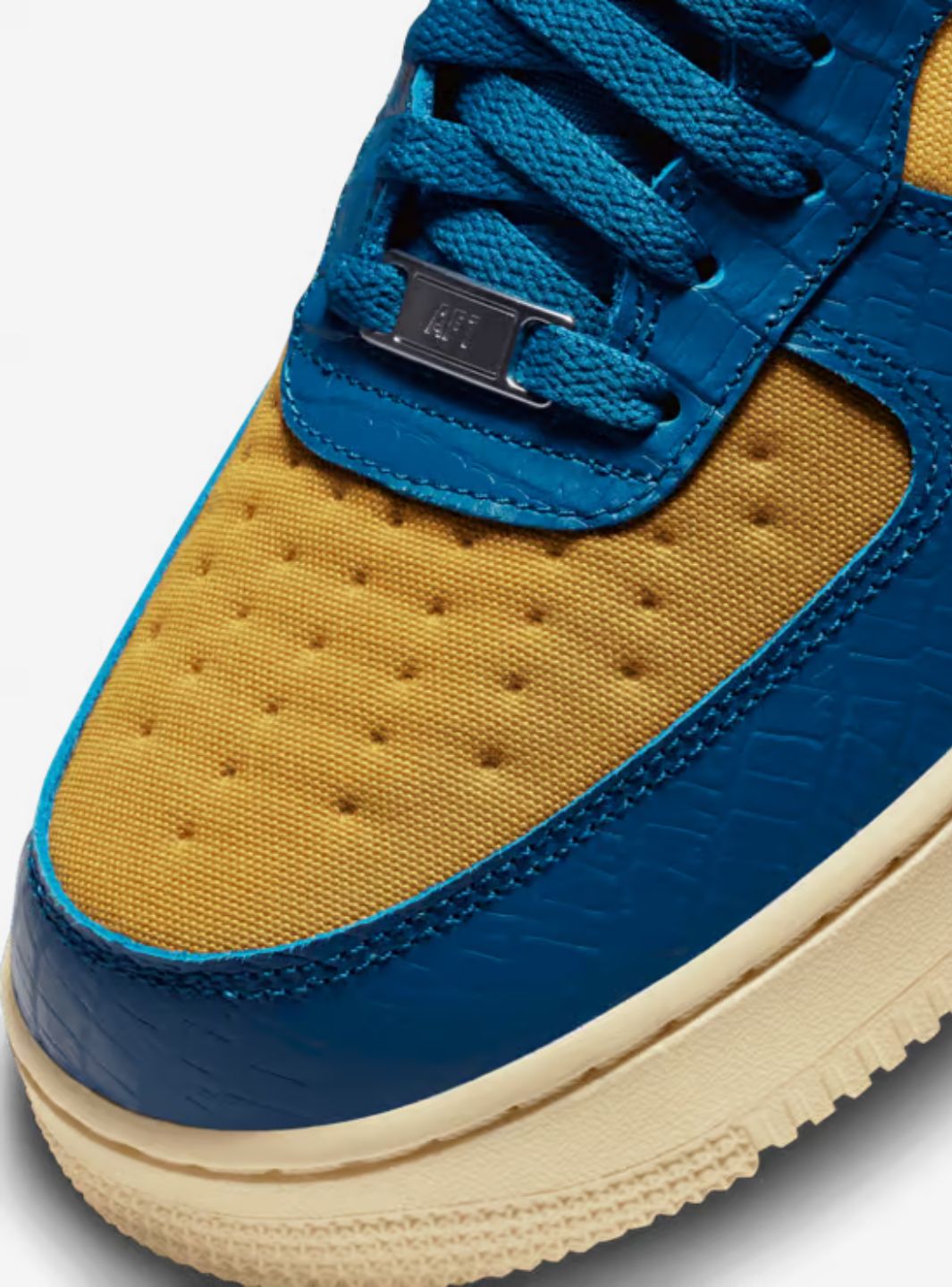 Nike Air Force 1 Low Undefeated 5 On It Blue Yellow Croc sneakers basse uomo e donna pelle blu giallo, dettaglio suola