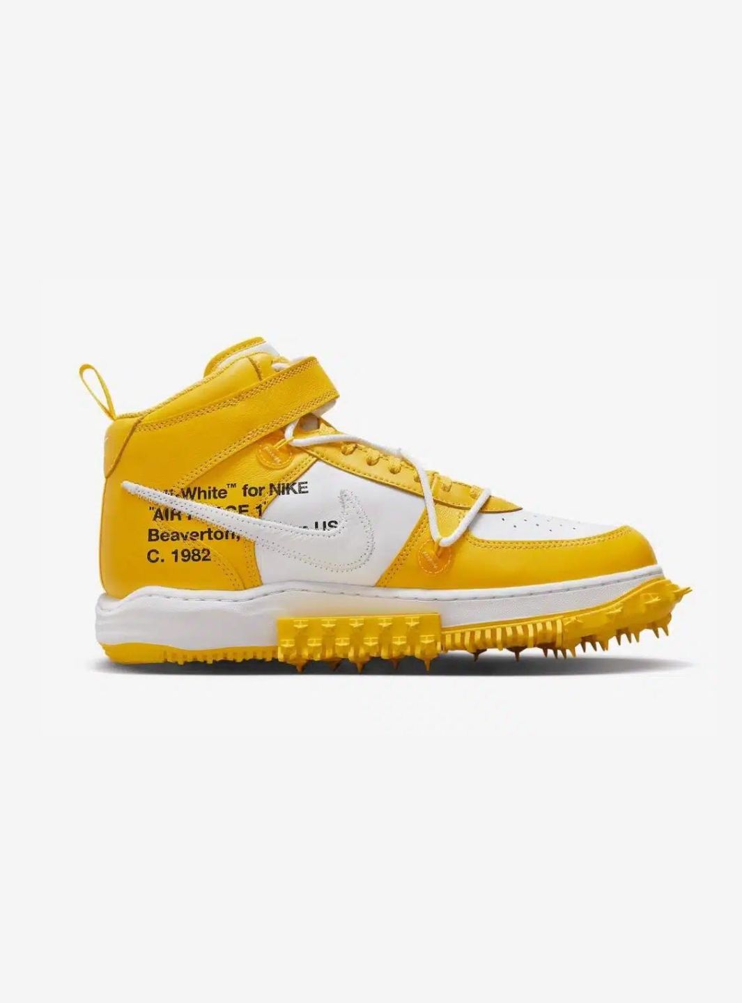 Nike Air Force 1 Mid Off-White Varsity Maize sneakers alte uomo e donna pelle bianco giallo, vista posteriore