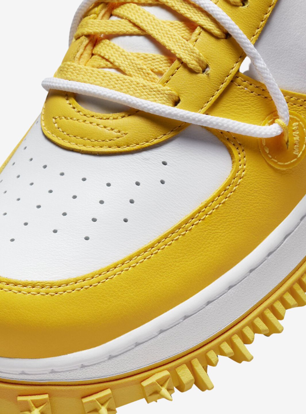 Nike Air Force 1 Mid Off-White Varsity Maize sneakers alte uomo e donna pelle bianco giallo, dettaglio suola