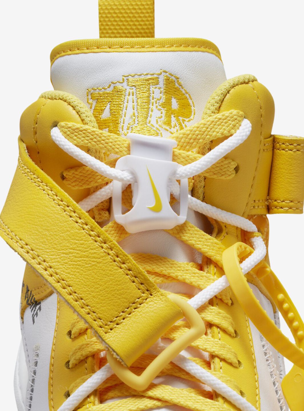 Nike Air Force 1 Mid Off-White Varsity Maize sneakers alte uomo e donna pelle bianco giallo, dettaglio tallone