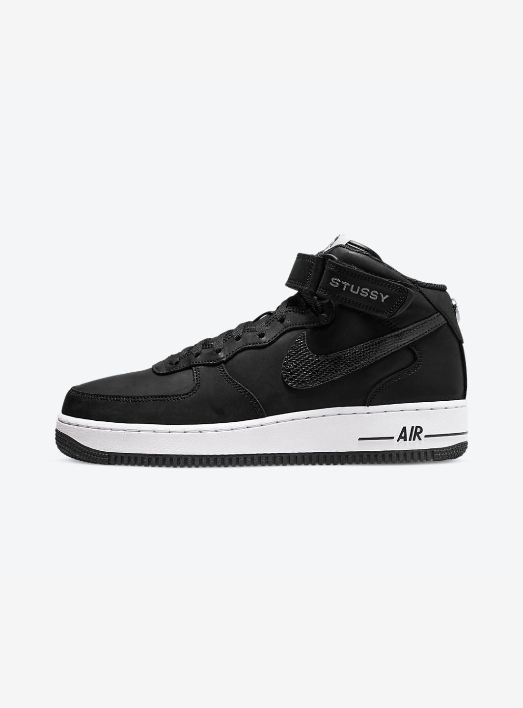 Nike Air Force 1 Mid Stussy Black White sneakers alte uomo e donna pelle bianco nero, vista laterale