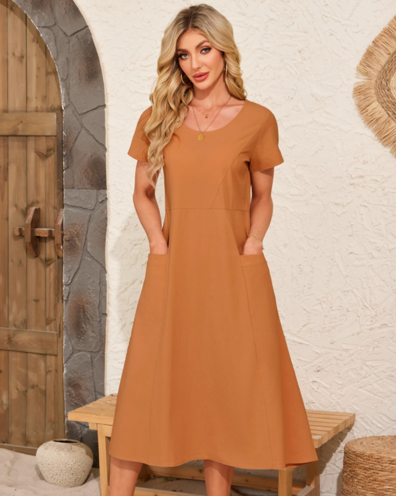 Vestito Maxi Sussie Donna Cotone – Vestito Estivo Girocollo, Taglio Ampio e Tasche Comode