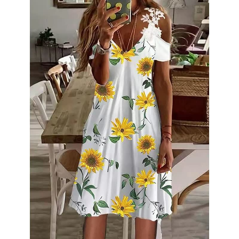 Abito mini donna spalle scoperte – scollo a V, taglio fluido a trapezio