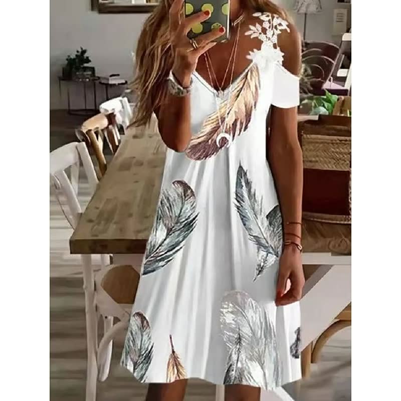 Abito mini donna spalle scoperte – scollo a V, taglio fluido a trapezio