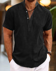 Camicia in lino da uomo Silas - Camicia estiva traspirante con collo Henley e maniche corte