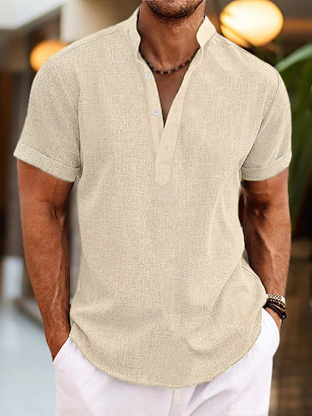 Camicia in lino da uomo Silas - Camicia estiva traspirante con collo Henley e maniche corte