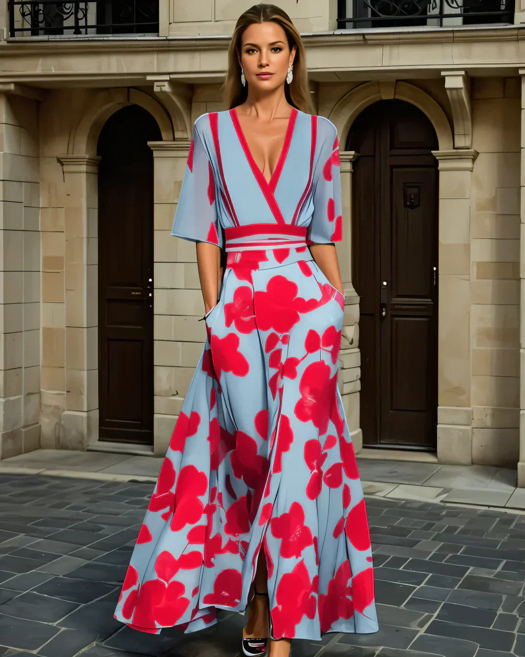 Abito lungo donna in tessuto leggero, scollo a V — vista 4