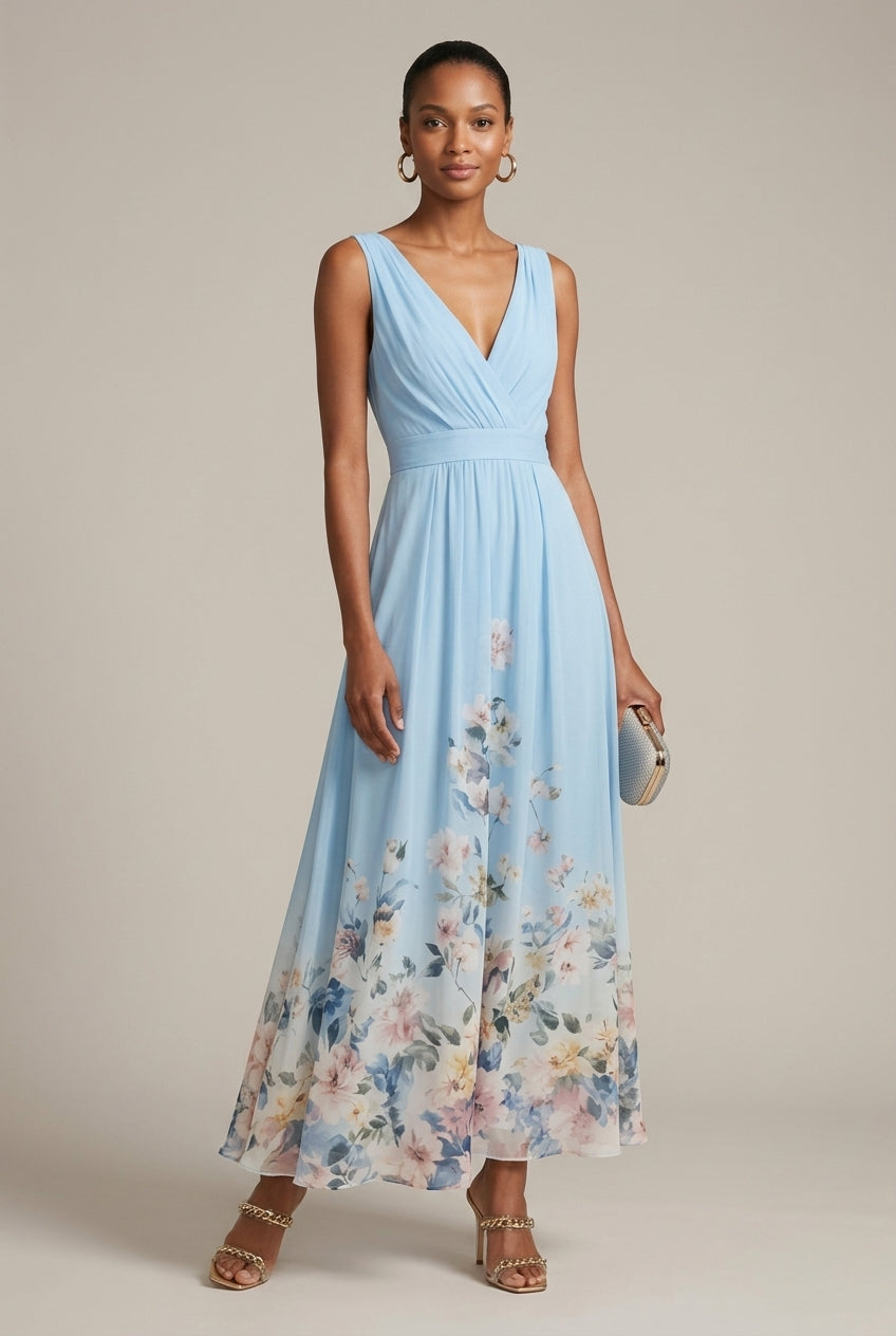 Abito lungo donna in tessuto leggero, scollo a V — vista 7