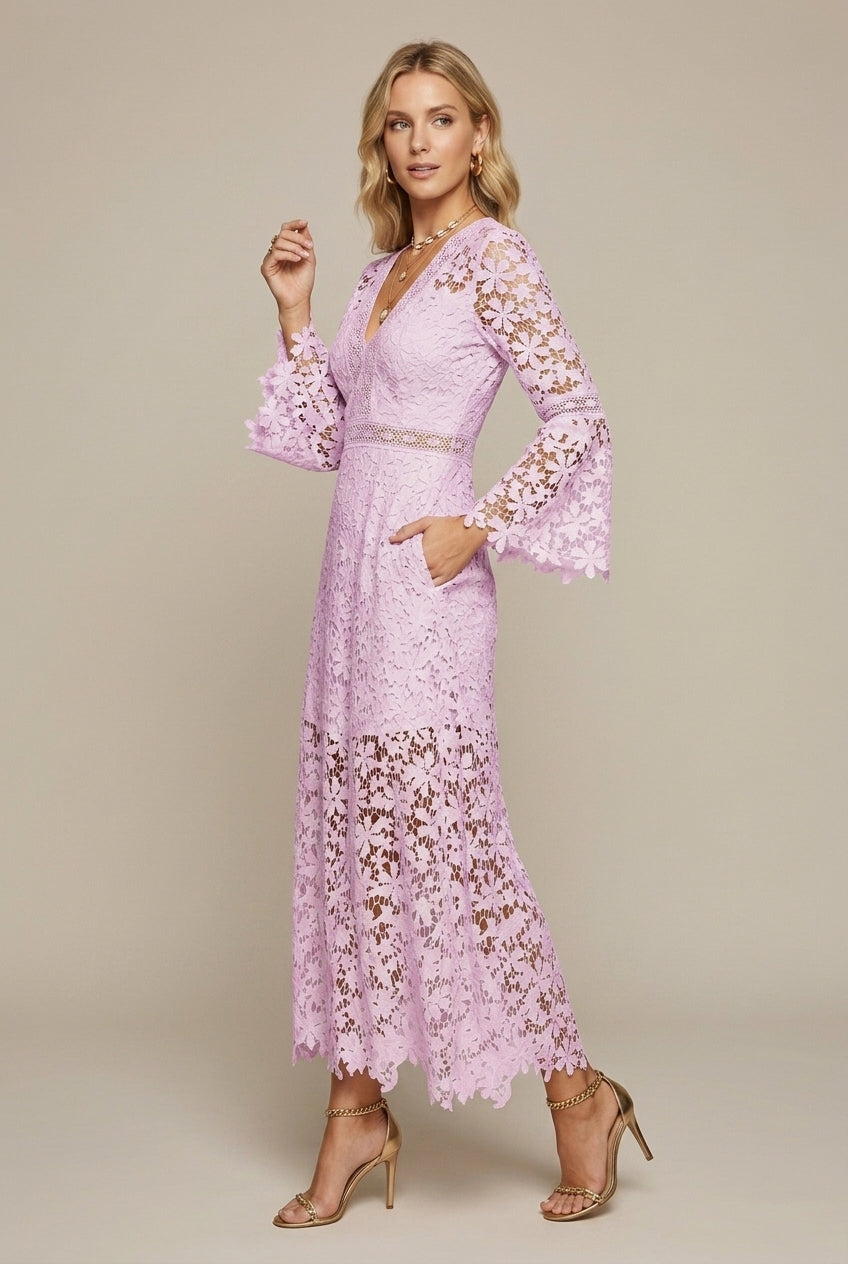 Abito lungo donna in pizzo, scollo a V — vista 4