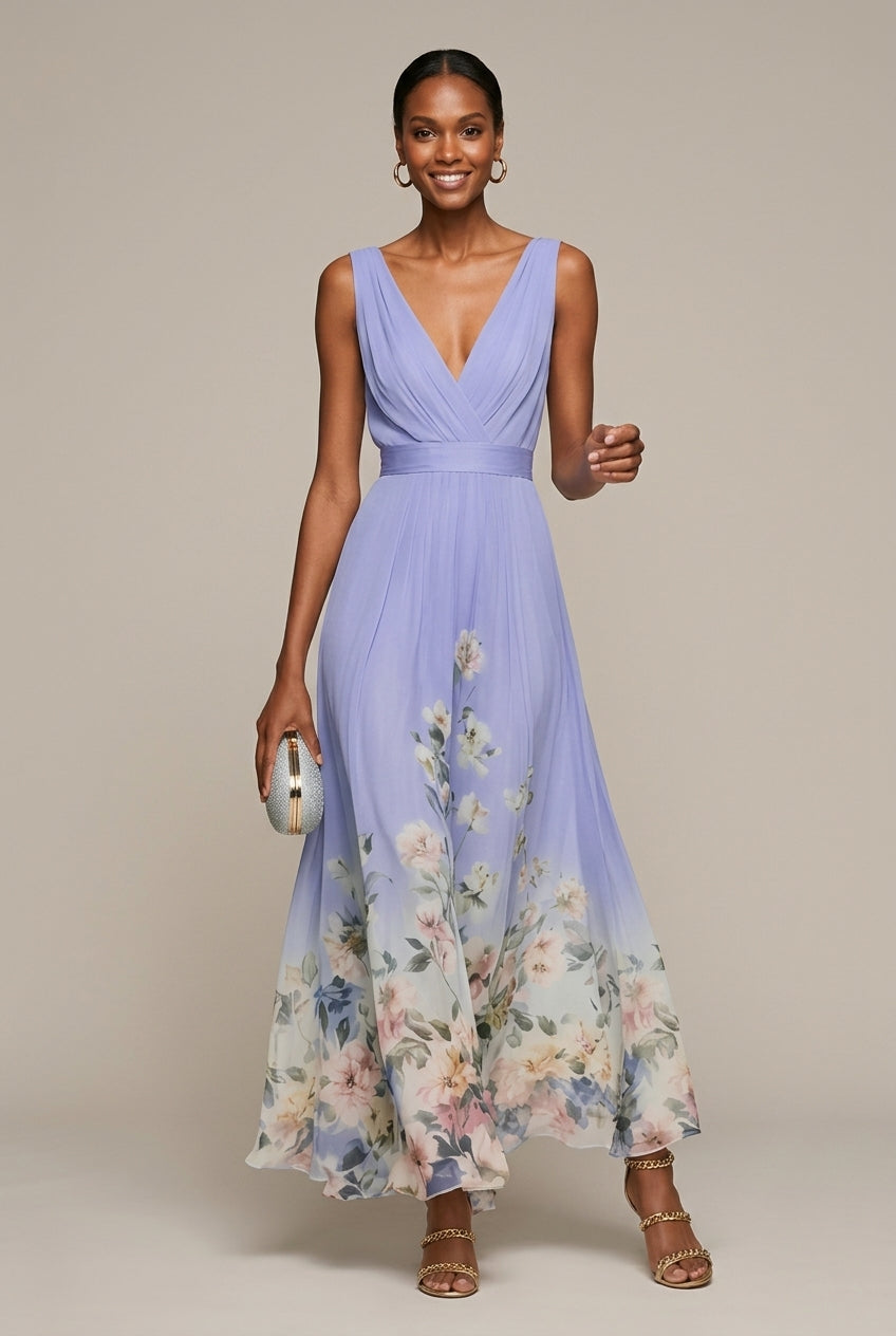 Abito lungo donna in tessuto leggero, scollo a V — vista 6