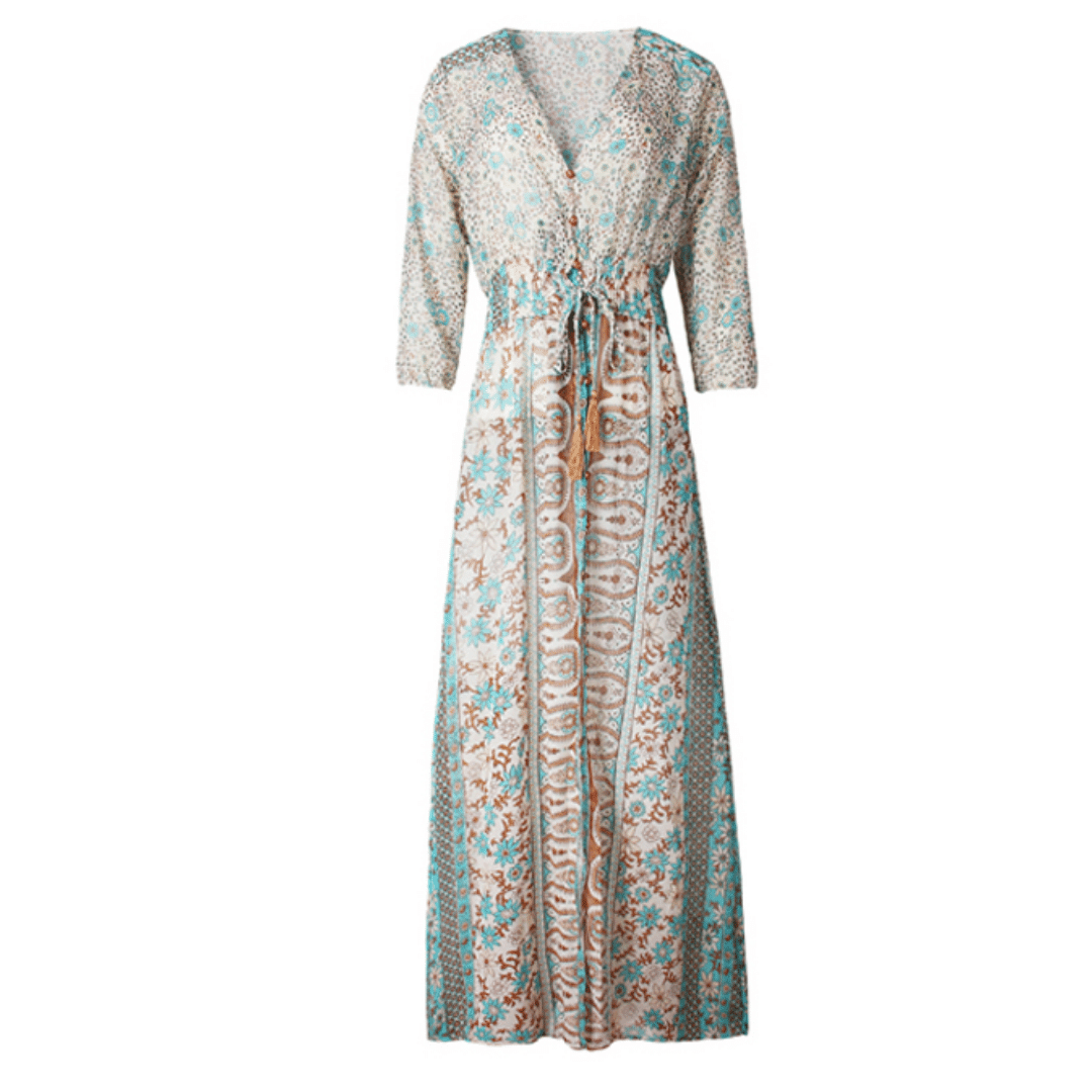 Sildora Abito Lungo Hippie Chic Marrone a Fiori Donna - Vestito Autunnale