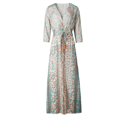 Sildora Abito Lungo Hippie Chic Marrone a Fiori Donna - Vestito Autunnale