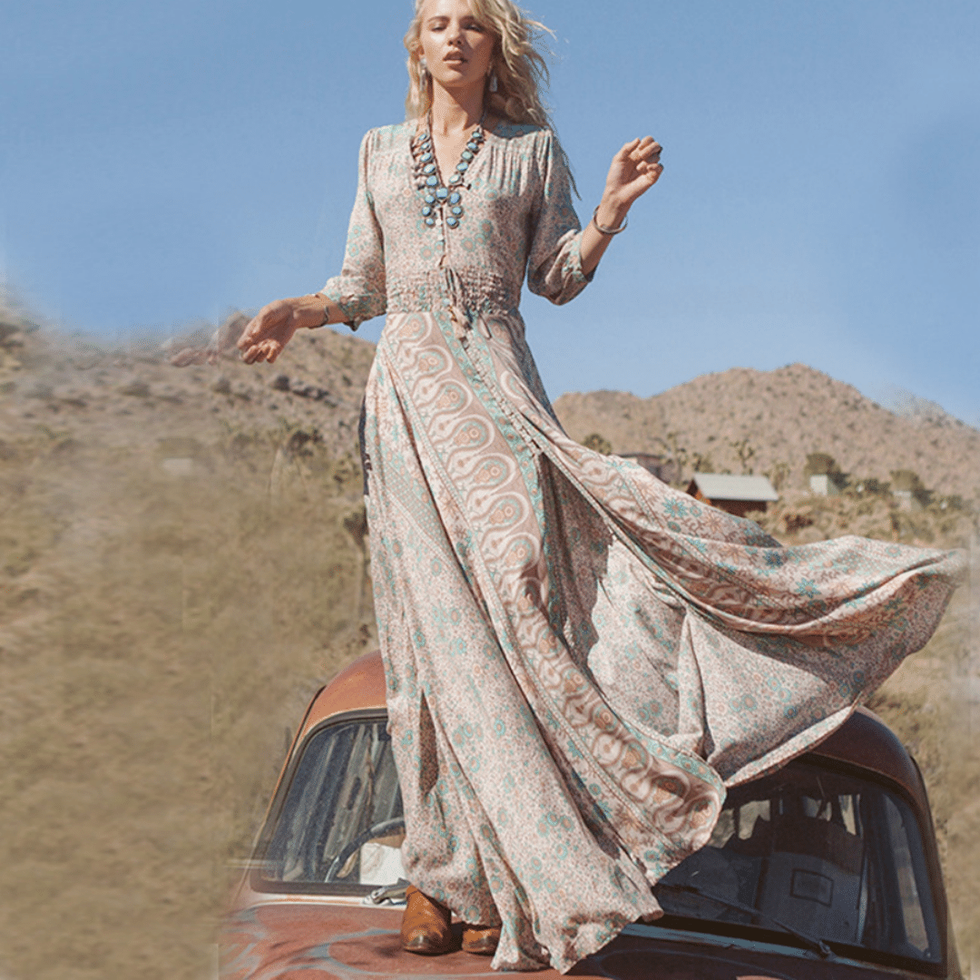 Sildora Abito Lungo Hippie Chic Marrone a Fiori Donna - Vestito Autunnale