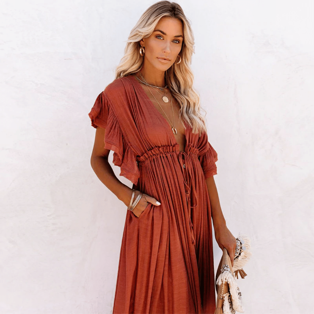Sildora Vestito Boho Chic per Matrimonio Invitata Donna - Abito Lungo Arancione