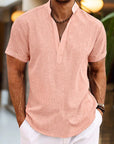 Camicia in lino da uomo Silas - Camicia estiva traspirante con collo Henley e maniche corte