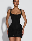 Mini abito da donna con corsetto – gonna scintillante e schiena allacciata